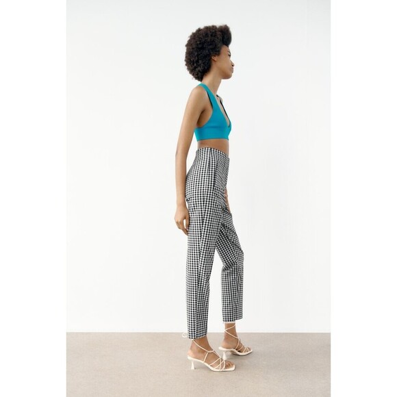 Gingham Print Zara High Waist Cropped Trouser Pants (NWT) - Picture 4 of 11